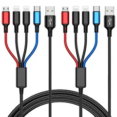 【新品】 マルチ充電ケーブル 4イン1マルチ充電ケーブル [2本パック-4フィート] ナイロン編組マルチUSB充電ケーブル 高速電話充電コード デュアルIP/タイプC/マイクロUSBポート付きマルチUSBケーブル、ほとんどの携帯電話/タブレット用 1