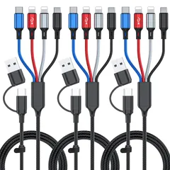 【新品】 6イン1マルチ充電ケーブル 3本パック - 6フィート マルチUSBケーブル 3A マルチ充電ケーブル 編組 複数の電話充電ケーブル ユニバーサルUSB A/C充電コード IP/タイプC/Micro USBポート2個付き 携帯電話/タブレット用 1