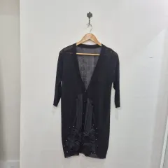 ブラック フラワー 装飾 ロング カーディガン