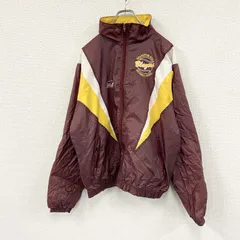 80s～　フルジップナイロンジャケット　刺繍ロゴ　ワッペン　アーチプリント　ヴィンテージ　マルチカラー　ボルドー　イエロー　Lサイズ　古着