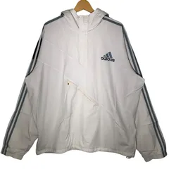 00年代ヴィンテージ/00’s adidas アディダス アノラックプルオーバー ウィンドブレーカー スリーライン ハーフジップ フーディー ナイロンジャケット ドローコード ワンポイントプリント オーバーサイズ Indonesia製 XLサイズ ホワイト