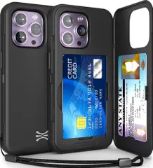 TORU CX SLIM iPhone 14 Pro Max 互換品 ケース | スリムウォレットケース、隠し3枚カードホルダー&カードスロット付き | 耐衝撃性、頑丈なカバー、フリップキックスタンド付き | ミラー&ストラップ付き - ブラックのサムネイル