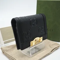 ★3日以内返品可★ 極美品 GUCCI グッチ GGエンボス レザー カードケースウォレット 676150 二つ折り財布 ブラック レザー レディース