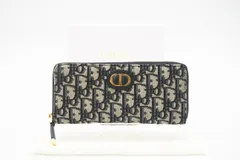 ★3日以内返品可★ 美品 Dior ディオール オブリーク ジャカード モンテーニュ ラウンドファスナー ウォレット 長財布 ネイビー ベージュ キャンバス レディース