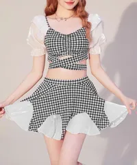 水着 レディース セパレート 2点セット 千鳥格子 パフスリーブ タンキニ スカート付き 露出控えめ
