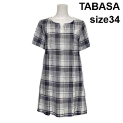 ◇ タバサ TABASA チュニック カットソー 半袖 チェック柄 Aライン スキッパーネック 白 ネイビー 麻 綿 34 S~M 7~9号 レディース S6D643のサムネイル