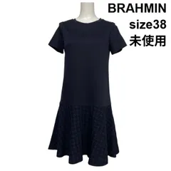 ◇ 未使用 ブラーミン BRAHMIN ひざ丈ワンピース 半袖 フレア Aライン 千鳥格子 ラウンドネック ネイビー 綿混 38 S 7号 レディース S6D648のサムネイル
