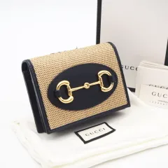 ★3日以内返品可★ 極美品 GUCCI グッチ キャンバス グッチ ホースビット 1955 スモールウォレット 621887 二つ折り財布 ベージュ ブラック レザー キャンバス レディース