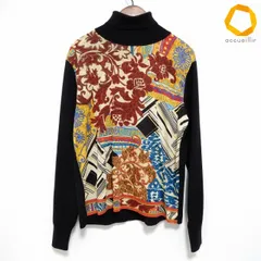 #wnc レオナール LEONARD ニット セーター LL 黒 マルチ 切替 ボタニカル柄 シルク混 タートルネック 大きいサイズ レディース [748710]