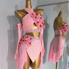 ラテンダンスドレス レディース フリンジ×フラワーデザイン トップス＆スカートセット 競技会・発表会・レッスン用