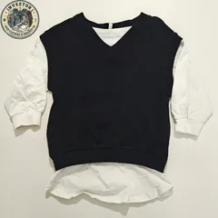 重ね着風 トップス 110 キッズ 子供服 黒 白 レイヤード Vネック 春 秋 冬