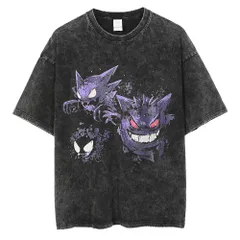 メンズ ストリートウェア ヒップホップ ポケモン ゲンガー プリント Tシャツ 半袖 ヴィンテージ加工 ウォッシュド ブラック9