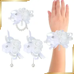 【新品】 PATIKIL リストコサージュとブートニアセット 4個 ウェディング花嫁花嫁介添人花嫁と花婿 母親とシルクローズリストパールフラワーセレモニーアニバーサリーディナーパーティーホームカミング ホワイト