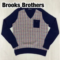 【美品】【使用感少】 Brooks Brothers ブルックスブラザーズ 千鳥チェック 千鳥格子 胸ポケット Vネック ウールニット セーター M ネイビー ラグランスリーブ 着丈68.5cm ゆき丈67.5〜68cm 身幅(脇下)52cm【古着】