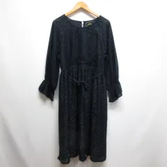 オメカシ Omekashi 美品 ラメ シャギー ワンピース ドレス F ネイビー 紐リボン付き 長袖 裏地付き