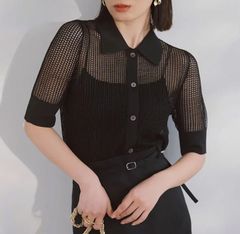 anuansラメメッシュハーフスリーブニットポロシャツBLACK 1524411037