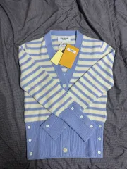 トム・ブラウン ヘアリー シルク カシミア ストライプ ジャージ Vネック カーディガン Mサイズ ブルー