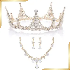 【新品】 [Uccellino] クラウンティアラ 3点セット ネックレス ジルコニア ヘアピン付 付け方解説書付き 結婚式 パーティ コスプレ ハロウィン (ゴールド・イヤリング) 1