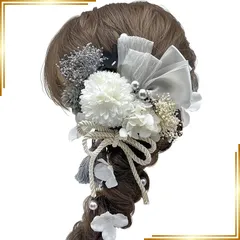 【新品】 髪飾り 成人式 前撮り 二次会 卒業式 入学式 マム カスミ草 リボン ドライフラワー 振袖 袴 ウェディング 結婚式 和装 ゴールドフラワー 組紐 ホワイト ピンク レッド シルバー ロープ ヘアアレンジ ハーフアップ ロングヘア A25100 1