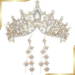 【新品】 ティアラ ウエディング 髪飾り 王冠 クラウン crown ブライダル イヤリングとネックレス付き 花嫁 姫系 記念写真 アクセサリー ヘアアクセサリー 結婚式 披露宴 発表会 イベント パーティー (ゴールド＋イヤリング ２pcs) 0