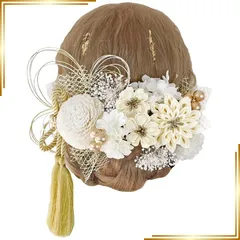 【新品】 Bud Flower バドフラワー つまみ細工 髪飾り 成人式 卒業式 ドライフラワー 水引 金箔 和装 振袖 袴 ヘッドドレス 結婚式 七五三　hair-212 (ホワイト) 0