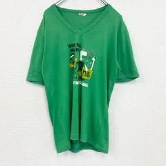 80s～　半袖プリントTシャツ　Vネック　6連プリント　両面プリント　シングルステッチ　クルーネック　ヴィンテージ　緑　グリーン　古着