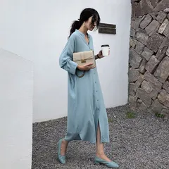 【Ｌ・1点】　シャツワンピース フロントボタン アウター 無地 ロング丈 レディース 春 秋 ゆったり 体形カバー 体型カバー