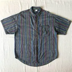 90s　vintage　ヴィンテージ古着　Ocean Pacific　オーシャンパシフィック　マルチストライプ　ネイティブ柄　レーヨン混　半袖シャツ　袖ロゴ刺繍タグ　L　サーフ　アメカジ　multi stripes × native pattern shirt
