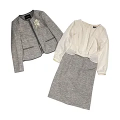 上下 green label relaxing グリーンレーベルリラクシング ツイード ノーカラー ジャケット ワンピース セットアップ サイズ 38 /グレー系 レディース 卒業式 入学式