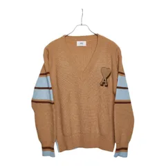 Ami Paris アミ パリス Vネック リブ ニットセーター サイズ M ベージュ ブルー コットン ウール レディース【1-0264751】のサムネイル