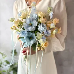 黄色×ブルーのリボンクラッチブーケ☆ブートニア