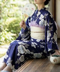 くるり 購入 ネイビー 藍色 百合柄 浴衣 着物 キモノモダン ふりふ