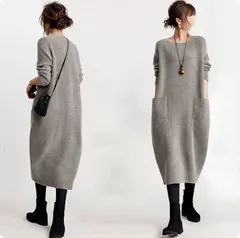 ワンピース ニット  レディース ニットワンピ 長袖 無地 クルーネック ポケット付き ロング丈 膝下丈 体型カバー ゆったり シンプル カジュアル おしゃれ かわいい 秋 冬 通勤 通学