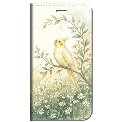 iPhone対応 スマホ 手帳型ケース カモミール オカメインコ インコ ペールアイボリー セージグリーン 水彩 鳥 ボタニカル スマホケース スタンド 【iPhone17 / iPhone16 他 iPhone各機種対応】 |ianusl06