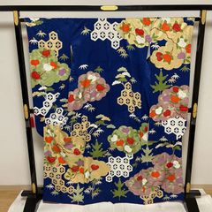 京都くろちく【新品】高級筒描麻暖簾「円に紅葉と錦鯉」日本製♪31,350