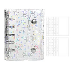 Lamiishop シール帳 透明 M5サイズ シール帳 女の子 台紙 はがせる シール手帳 クリアバインダー 5穴 透明バインダー コンパクト リフィル10枚付き シール収納 推し活グッズ DIY 持ち歩ける 推し活ノート 差替式ポケットファイル （星柄入り