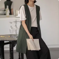 ロングジレ ジレ ロングベスト ベスト ノーカラー 綿麻 リネン風 大きいサイズ ゆったり 春夏 トレンチベスト 無地 ジレンチ トップス アウター コート 羽織り レイヤード ポケット スリット カジュアル Vネック 薄手