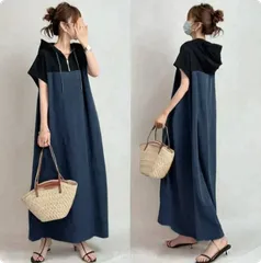 フード付きワンピース 半袖 レディース 夏服 春夏 Aラインワンピース バイカラー 無地 大人きれいめ 40代50代 オフィスカジュアル ジップ お出かけ リゾート