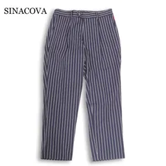 SINACOVA シナコバ 春夏 リネン混★ ロゴ刺繍 ストライプ ストレッチ スラックス パンツ 日本製 Sz.M メンズ 紺のサムネイル