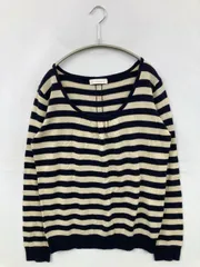 earth music&ecology アースミュージックアンドエコロジー ニット/セーター ネイビー ナイロン ボーダー柄 リボン ミドル丈 長袖 Uネック