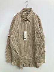 UNIQLO U ユニクロユー シャツ/ブラウス L ベージュ コットン リネン・麻 ストライプ柄 ミドル丈 長袖 ボタンダウン