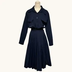 ネイビー プリーツ シャツ ロング丈ワンピース