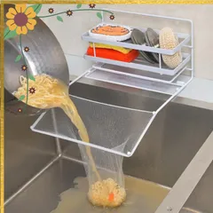 三角コーナーいらず キッチンドレイン 水切り ネット 粘着式 スポンジホルダー 水切りネットホルダー 洗剤置き フィルムフック付 水切りトレー付き 省スペース キッチン シンク 生ゴミ処理 ネット50枚付 1のサムネイル