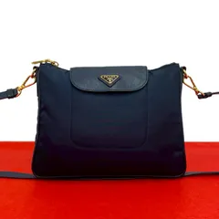 極 美品 PRADA プラダ 三角ロゴ 金具 ナイロン サフィアーノ レザー 本革 ミニ ショルダーバッグ ポシェット サコッシュ ネイビー 95105