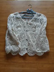 ベージュ クロシェ 編み カーディガン