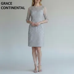 グレースコンチネンタル GRACECONTINENTAL テープ刺繍 チュール ワンピース パーティードレス ひざ丈 七分袖 タイト グレー サテン 光沢感  38サイズ M相当 セレモニー 結婚式 二次会 お呼ばれ フォーマル エレガント 高級 透け感 美品