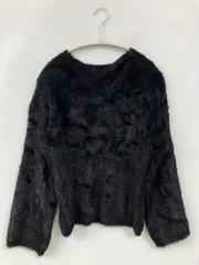 ニット/セーター ブラック フェイクファー 無地 ミドル丈 長袖 Uネック