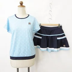 フィラ FILA セットアップ シャツ スコート テニス スポーツウェア 半袖 丸首 フレア ロゴ 総柄 ストレッチ 青 紺 ブルー ネイビー M