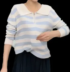 カラーネック ストライプ 長袖Tシャツ