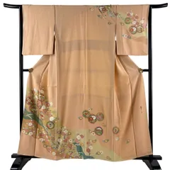 訪問着 身丈158cm 裄丈65cm M 袷 松井青々 落款 枝梅 菊 金彩 薄オレンジ 正絹 逸品 一つ紋 【中古】のサムネイル